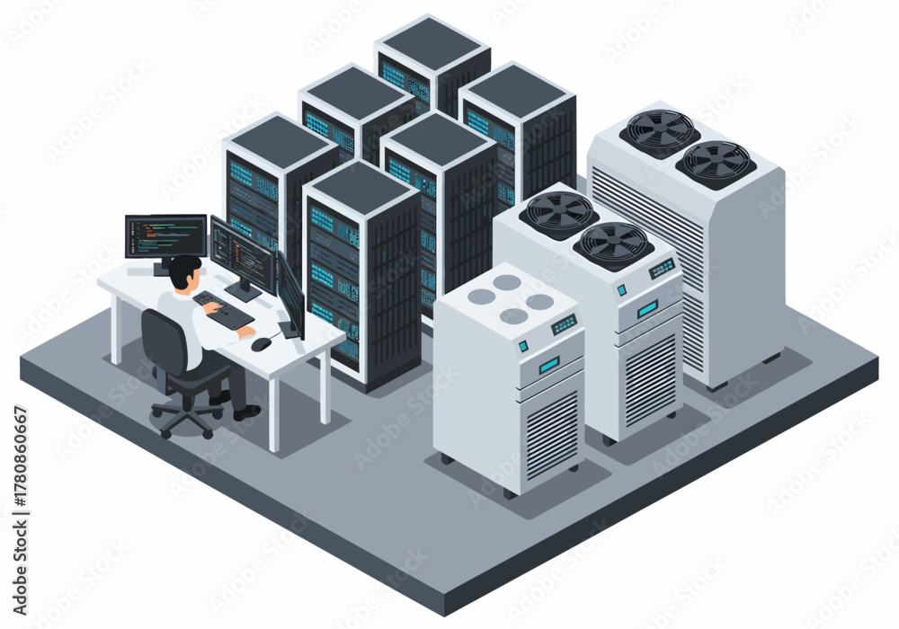 Obraz premium Isometric view of an IT technician monitoring systems at a multi-screen workstation within a data center, surrounded by active server racks and industrial cooling units.