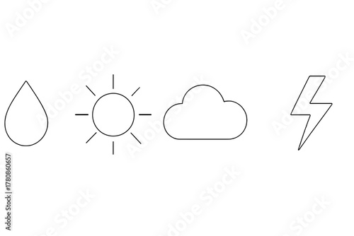 Weather symbols depict different conditions including rain, sun, cloud, and lightning in a simple, clear design
