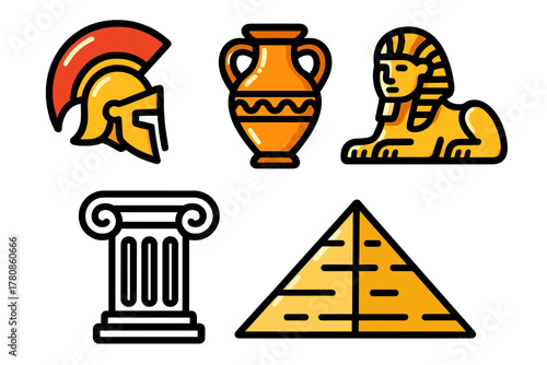 Historical symbols from ancient civilizations including a helmet, vase, sphinx, column, and pyramid depicted in a colorful graphic style