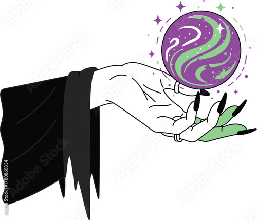 Witch hand holding a magic ball isolated on white background for halloween