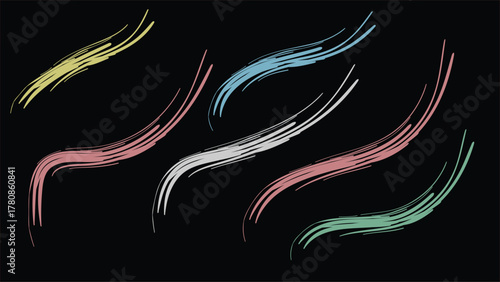 Colourful Curved Brush Strokes on Black Background – Abstract Paint Line Art, Dynamic Motion Design