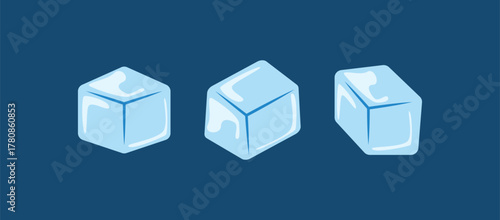 Three isolated light blue ice cubes on dark background, a cold frozen drink element vector icon
