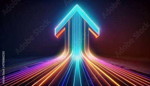 glowing neon 3d arrow pointing up with futuristic light stripes