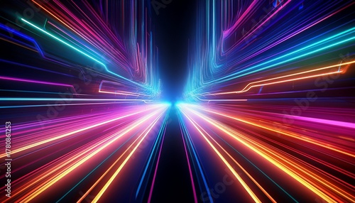 futuristic neon light speed lines abstract technology background with glowing data streams