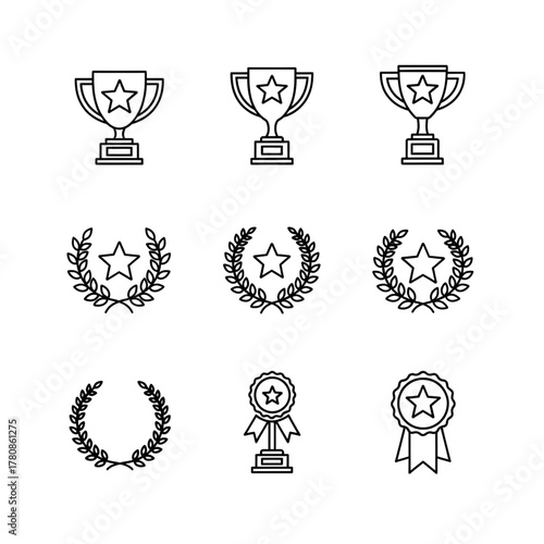 Illustration of three trophies, three wreaths, and two star award ribbons in black line