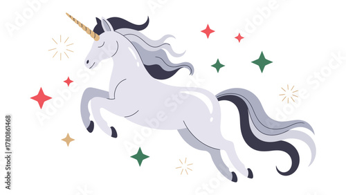 Magical Unicorn: An enchanting unicorn with a flowing mane and shimmering horn leaps amidst sparkling stars, capturing the essence of fantasy and wonder.