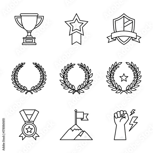 Collection of line art icons representing achievements and success elements design