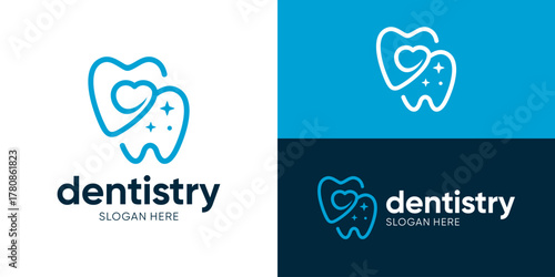 Creative simple dentistry logo template. Teeth with abstract love symbol, Orthodontic dental care logo design vector illustration.