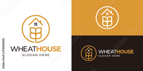 Creative simple wheat house logo template. Wheat grain with roof home for Organic product logo design vector illustration.
