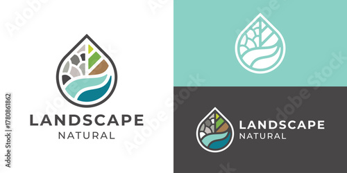 Creative simple landscape natural logo template. Water drop with natural grave rock street leaf logo design vector illustration.