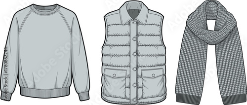 Winter clothing vector set, sweatshirt, padded vest, knitted scarf, fashion sketch, cad drawing flat vector illustration, white background