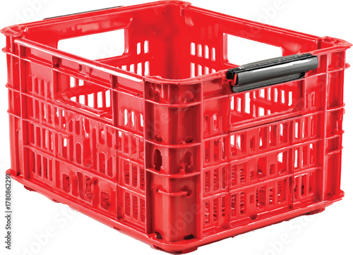 plastic red storage crate isolated on a white background, high-resolution photography