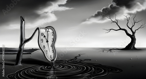 A surreal grayscale landscape featuring a melting clock, a barren tree, and cloudy skies above the horizon