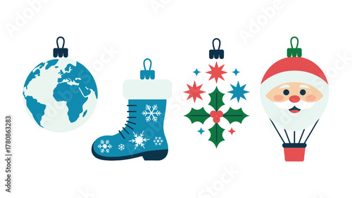 Festive Ornaments of Yuletide: Festive ornaments, including a globe, boot with snowflake details, a holly pattern, and a Santa Claus head, dangle with whimsical charm.