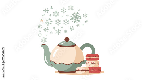 Winter Teatime: A whimsical illustration of a charming teapot releasing a stream of snowflakes, accompanied by delectable macarons, creates a scene of cozy winter bliss.