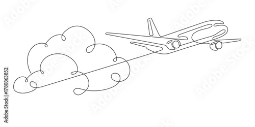 An airplane flying in the clouds. Around the world trip .Continuous line drawing. Vector illustration .