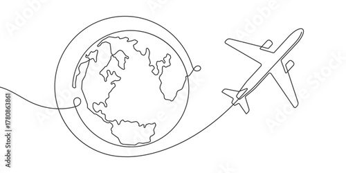 Around the world trip . Flying airplane. Planet Earth. Continuous line drawing. Vector illustration .
