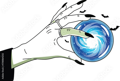 Witch hand holding crystal ball isolated on white background for fortune