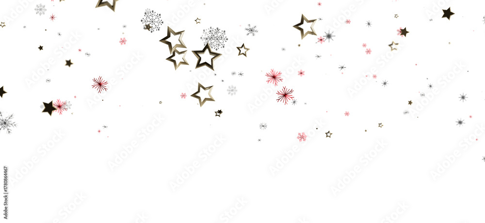 Obraz premium Abstract background featuring decorative star and snowflake elements in gold, red, and silver on a clean white backdrop. Perfect for seasonal de