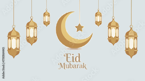 Elegant Eid Mubarak celebration with golden crescent moon, star and traditional lanterns, originally a scalable vector graphic for festive Islamic holidays and Ramadan greetings