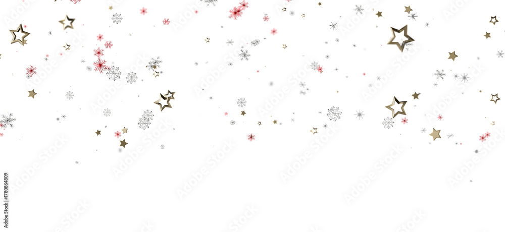 Obraz premium Festive background with gold stars, red and white snowflakes on a white backdrop, perfect for Christmas, winter and holiday themed designs.