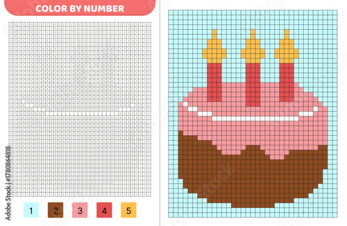 Birthday cake. Color by number. Pixel coloring book. Numbered squares. Game for kids. Pixel art. Isolated vector illustration eps 10
