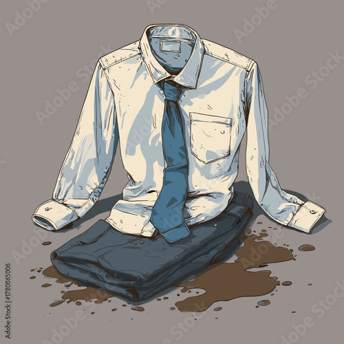 Vector illustration of a dirty dress shirt and pants with a scruched up tie