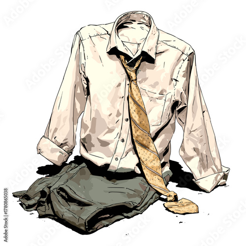 Vector illustration of a dirty dress shirt and pants with a scruched up tie