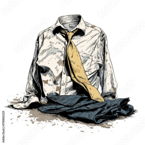 Vector illustration of a dirty dress shirt and pants with a scruched up tie