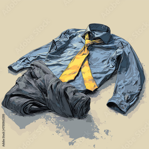 Vector illustration of a dirty dress shirt and pants with a scruched up tie