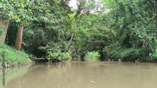 traveling sailing on river lake in tropical forest jungle