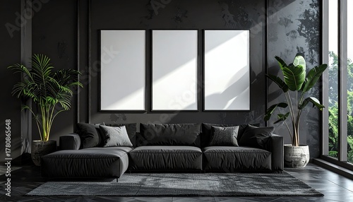 Modern black living room interior features dark sofa, blank wall art, green plants, and natural light from large windows for elegant home decor.