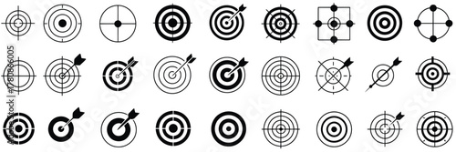 aiming icons with crosshair, bullseye, target, and precision markers for navigation, shooting, archery, and design projects requiring accuracy and focus symbols.