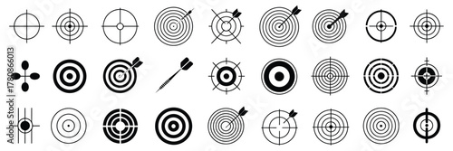 target and aim icon set featuring bullseye, crosshair, and precision symbols for archery, shooting, navigation, and focus design projects in flat or line style.