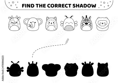 Find the correct shadow. Animals of North Pole. Black and white. Shadow matching game. Isolated vector illustration eps 10