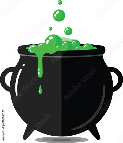 Witch cauldron with green potion isolated on white background