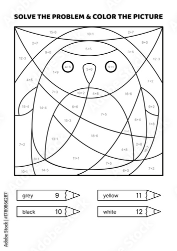 Solve the problem, color the picture. Kawaii penguin. Black and white. Coloring book. Addition, Subtraction. Coloring book. Isolated vector illustration eps 10