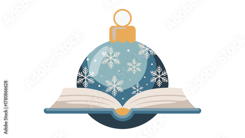 Winter Tales Unveiled: A festive ornament, adorned with snowflakes, rests gently atop an open book, inviting readers into a world of enchanting stories and winter wonder.