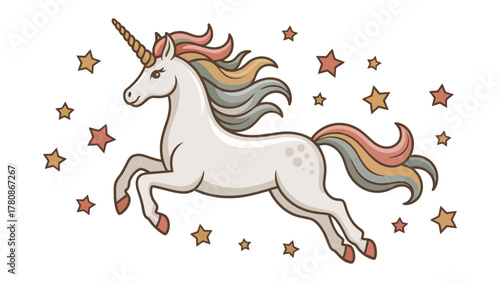 Majestic Unicorn: A whimsical illustration of a unicorn gracefully prancing against a backdrop of twinkling stars, capturing a sense of enchantment and fantasy.