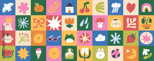 Abstract square icons pattern design. Cute kawaii elements in colorful geometric grid, summer composition with cat, flower, fruit, rainbow and heart in modern style. Colored flat vector illustration.