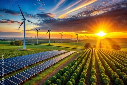 Sustainable Energy Landscape: Wind Turbines, Solar Panels, and Biofuel Farm