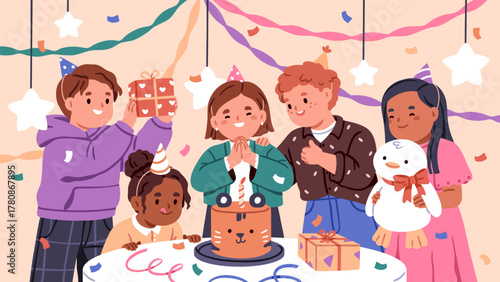Birthday girl with friends at holiday table with cake. Child making wish, blowing candle at kids party. Happy children celebrating with gifts, confetti. Celebration event. Flat vector illustration.