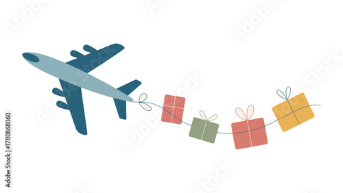 Airborne Gifts: A whimsical illustration of an airplane trailing a string of colorful gift boxes, symbolizing the joy of travel and the anticipation of presents.