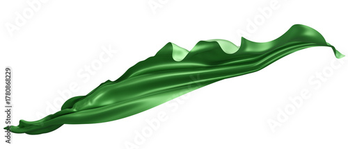 Flying green silk textile fabric flag background. Smooth elegant  Satin Isolated on white Background for grand opening ceremony.