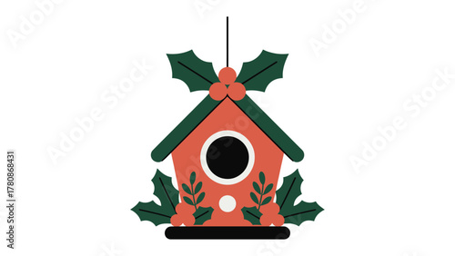 Festive Birdhouse Ornament: A charming, decorative birdhouse adorned with holly leaves and berries, perfect for the holiday season.