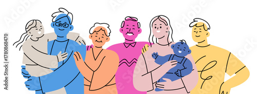 Large big family with kids, baby, portrait. Happy smiling grandparents, parents and children, old and young generations together. Colored flat vector illustration isolated on white background.