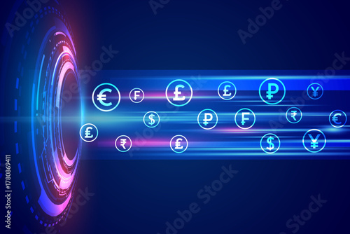 Global currency symbols streaming from futuristic neon portal on dark blue background, perfect for forex trading banking fintech payment banners. Abstract digital art style.