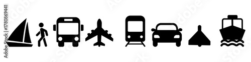 Transport icon set. Various modes of transportation shown through simple, recognizable icons representing land, air, and water travel