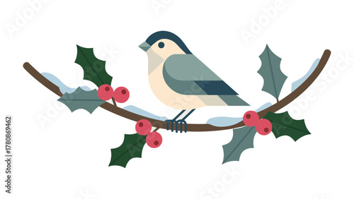 Winter Bird Perched: A charming illustration captures a solitary bird gracefully perched on a branch adorned with holly and berries, embodying the serenity of a winter season. 