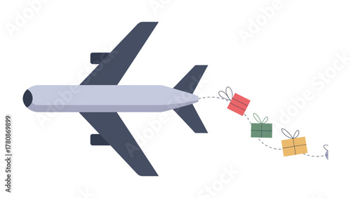 Delivery in Sky: An airplane releases gift boxes, symbolizing the fast delivery of gifts, with a touch of magic, perfect for the spirit of the season.
